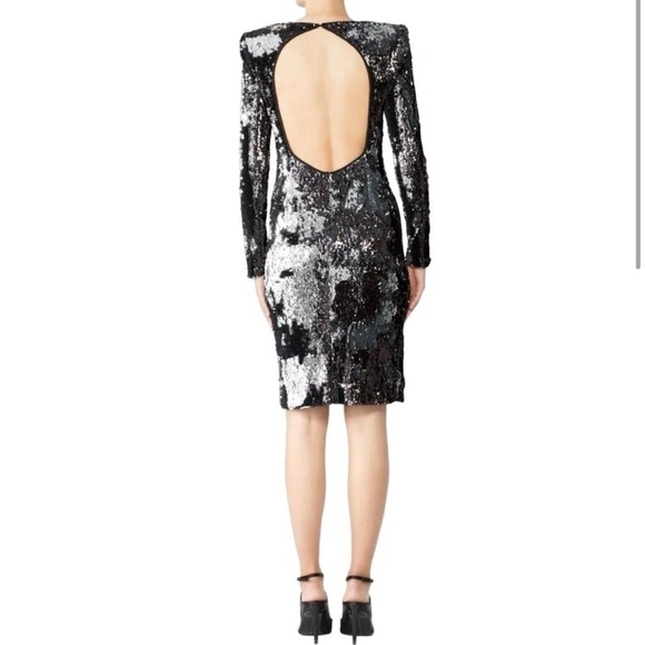 NAEEM KHAN Silver Black Sequin Sheath Open Back Dress - Picture 4 of 16